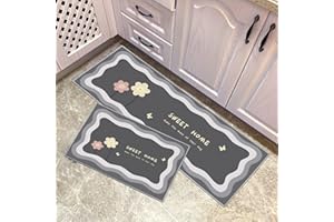 YORDET 2-Piece Anti-Slip Kitchen Rug Set Waterproof & Non-Slip Polyester Kitchen Floor Mats for Sink, Kitchen, Hallway, Laundry Room (Two Flowers, 40x120cm+40x60cm)