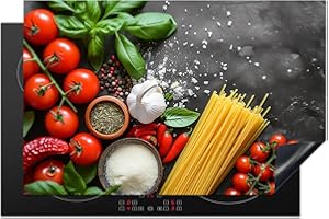 KitchenYeah© Protection Plaque Cuisson Deco Cuisine Cache Induction 80x52 cm Protege Pour Cuisiniere Protection Ustensiles Légumes - Tomates - Spaghetti - Béton - Herbes