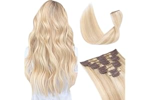 TESS 40 cm Extensiones de Clip de Pelo Natural Balayage #18P613 Beige Arena Rubio/Blanqueador Rubio 8pcs 18 clips 65g Extensiones de Pelo Natural con Clip Cabello Reutilizable Invisible Suave