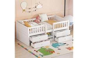 ‎MERAX Merax Kinderbett 90x200 cm, Funktionsbett mit Stauraum, Holzbett mit Lattenrost & 4 Schubladen, Jugendbett mit Leiter und Rausfallschutz - Kiefer massivholz, ohne Matratze, weiß