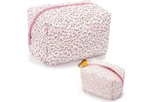 ZOUWEL Floral Makeup Bag Cotton Coquette Make Up Bag Aesthetic Makeup Bags Quilted Large Capacity Travel Cosmetic Toiletry Bag Wash Organizer Pouch for Womens Ladies Girls (Pink Tulip)
