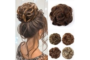 JJstar Messy Hair Bun Curly Wavy Hair Scrunchies Accessories Pieces for Women Girls Synthetic Hair Chignons (Dark Brown/Golden)