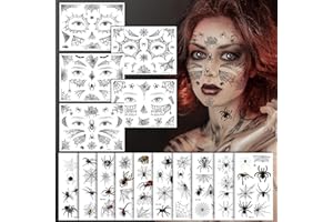 Orifinter Halloween Karneval Spinnen Tattoos, 15 Blätter Gesichtstattoo Karneval, Schwarz Realistisches Motive Spinnennetz und Spinnen Gesichtsaufkleber für Halloween Kostüm Erwachsene Hexen Schminke