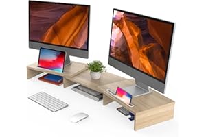 FITUEYES Soporte Monitor Elevador Monitor de Madera con 2 Soporte para Teléfono, Longitud y Ángulos Ajustables para 2 Monitores 79-111,2 x 27 x 10,5cm (Amarillo) DT111106WO