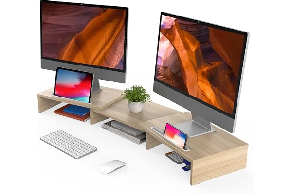 FITUEYES Réhausseur d'Écran en Bois,Support de Moniteur,Support d'Ordinateur Portable,PC,TV,Imprimante - pour 2 Moniteurs - avec Support de Téléphonre,Tablette, 79-111,2x27x10,6 cm