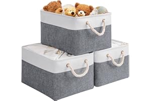 OUTBROS 3 PCS Cesta de almacenamiento grande, 40 x 30 x 26 cm caja de almacenamiento plegable de tela con asas de transporte y cubierta de cordón para toallas, ropa, Gris/Blanco