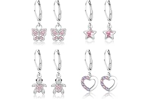 JeweBella 4Paar Ohrringe Hängend Mädchen Kinder Damen mit Zirkonia Ohrhänger Chirurgenstahl Hypoallergene Ohrringe Mädchen mit Herz Blume Stern Schildkröte Knorpel Tragus Piercing Ohrringe Set