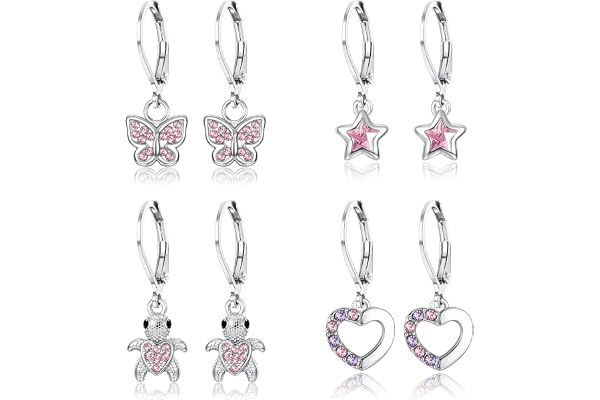 JeweBella 4 par dinglande örhängen för flicka kvinnor allergivänliga rostfritt stål söta örhängen set regnbåge stjärna hjärta blomma fjäril flerfärgad zirkon spakback ring dinglande örhängen för barn