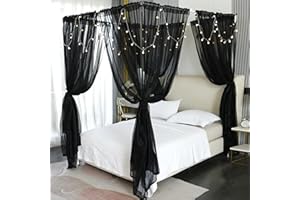 Akiky Bed Canopy for Girls Room, Elegant Sheer Curtain for Double Bed, Queen Size, 8 Panels with Light, Room Decoration (Full/Queen, Black)