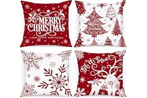 Lanpn Lot de 4 Blanc et Rouge Housse de Coussin Noel 40x40 cm, Taie d'oreiller Hiver Flocon de Neige Parure de Oreiller de Décoration de Lit Noel Deco pour Chambres Canapé Noël Decoration (Rouge)