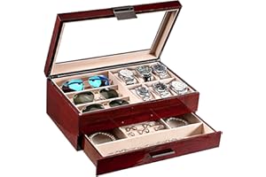 LANDICI Wooden Watch Box Organizer Jewellery box for Men Women, Luxury Piano Paint Large Watch Display Case with 6 Slot Watch Holder, 3 Slot Sunglasses Case, Jewelry Storage Box Drawer, Walnut Wood
