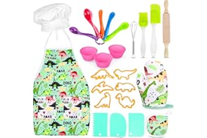 Aoskie Kids Baking Set with Dinosaur Apron, 25 Pcs Baking Kit Chef Dress Up Role Play Toys for Boys Girls Age 3-8