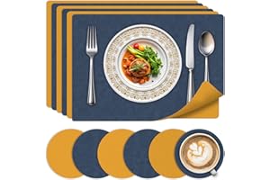 BLESWIN Juego de 6 Salvamanteles y Posavasos - Salvamanteles Lavables Resistentes al Calor, Diseño de Cuero de Doble Cara Antideslizante para Cocina, Hogar, Restaurante