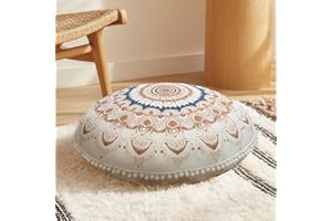 DAWNYIELD Coussin de Méditation Ronds, Coussin de Sol Ergonomique avec Housse Amovible et Lavable, 80 cm Grand Coussin de Yoga pour Adultes avec Accents Pompons, Usage Intérieur/Extérieur, Marron