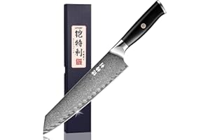 Kitory Couteau de chef Acier Damas 20cm, couteau japonais super aiguisé en acier 73 couches, couteau de cuisine professionnel forgé à la main, manche en pakkawood
