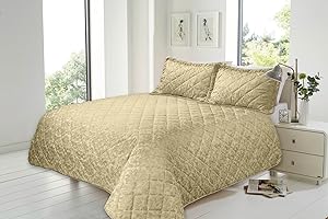 GoldStar® Savoy Quilted Bedspread Printed Polycotton Jacquard Throw With 2 Pillow Shams To Fit Double And King Size Bed (Savoy Gold)