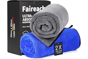 Faireach 80x50 CM XL Chiffons en Microfibre Voiture Lot de 2, Chiffon de Séchage pour Voiture 1000GSM Chiffons de Polissage pour Auto Motocyclette l'entretien Ultra Absorbant Serviettes Microfibre