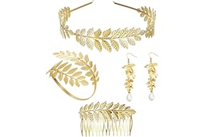 JeweBella 4 Stück Griechische Göttin Kostüm Schmuck Set Damen Gold Römischer Lorbeerblatt Krone Stirnbänder Armband Armreif Oberarm Perle Baumeln Ohrringe Hochzeit Braut Kopfschmuck Toga Party