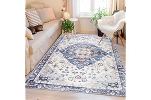 Capslpad Distressed Vintage Area Rug for Living Room 120x180cm Non-Slip Oriental Medallion Rugs Short Pile Washable Classic Floor Mat Carpet for Bedroom Dining Room Home Office Kitchen Decor