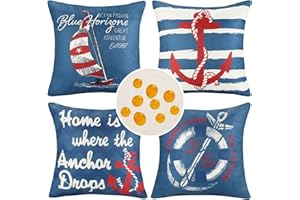 Cheekywares Juego de 4 Fundas de Cojín de Lino Impermeables con Escudo Ancla Velero Fundas de Almohada Náuticas Azul Marino Decoración del Hogar para Sofá Cama Coche, 40 cm x 40 cm