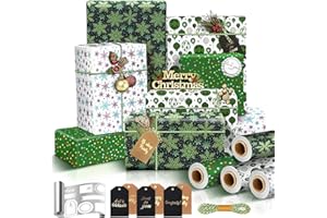 BOPERTROVE Carta Regalo Natale, 4 Rotolo Carta Regalo Natale Bambini, Carte Regali Natalizie Grande, Kit Carta Natalizia Pacchi Kraft Bianca, 43X300CM, Include Etichette e Sticker, per Natales Feste Compleanno