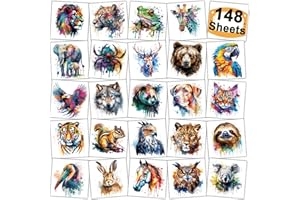 CHARLENT Tatuaggi Temporanei con Animali da Safari Ad Acquerello per Bambini, Articoli per Feste - 74 Fogli Singoli di Tatuaggi di Animali per Ragazzi e Ragazze, Bomboniere per Feste di Compleanno