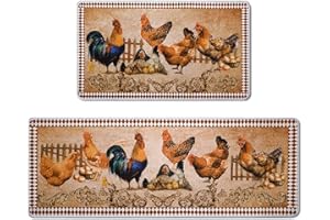 Bencailor 2 Pcs Rooster Kitchen Rugs Set Farmhouse Kitchen Rugs Chicken Kitchen Mat Chicken Decor for Kitchen Non Slip Washable Doormat 17 x 30 Inch, 17 x 47 Inch