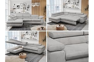 ‎MKS MEBLE MKS MEBLE Ecksofa Sofa Grau, Wohnlandschaft L-Form mit Schlaffunktion und Bettkasten, Schlafsofa mit Bettkasten, Sofa mit Einstellbare Kopfstützen, Peter L - Hellgrau Velvet - Links Grau