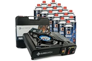 Eurocatch Fornello da Campeggio a Gas - Include 16 Bombolette - Cartuccia per Fornello da Campeggio