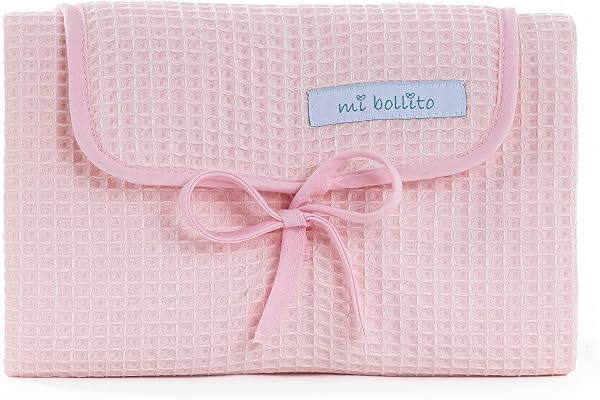 Mi bollito Matelas à langer portable pliable et imperméable en tissu gaufré 100 % coton - Facile à ranger dans le sac de maternité - Idéal comme cadeau de naissance (rose clair)