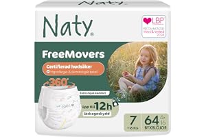 Naty FreeMovers Byxblöjor,| Storlek 7 (16+kg), 64-pack | För känslig hud, Hypoallergena potträningsblöjor, Absorberande & Läckagesäkra upp till 12h, Parfymfri, Stretchig komfort