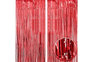 OWILL 2pcs 3ft X 8.3ft Red Metallic Tinsel Curtains Aluminum Foil Flow Silk Curtain Background Streamer Birthday Party Wedding Holiday Backdrop Decoration