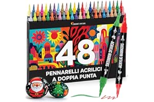 Zenacolor Pennarelli Acrilici a Doppia Punta (Fine e a Pennello) - 48 Colori Pennarelli Indelebili Acrilici per Diverse Superfici e Opere d'Arte - Pennarelli per Dipingere Sassi
