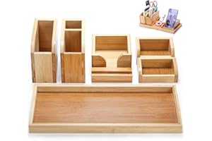 Cididu Bamboo Desk Vanity Tray, 7 Pieces Adjustable Pen Holder Stationery Caddy, Bathroom Vanity Organizer Set, Sturdy Countertop Tray Storage Boxes Office Supplies for Makeup Small Items Home Kitchen