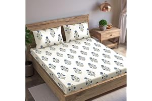 Trance Home Linen 180Tc 100% Cotton 78"X60" Standard Queen Size Elastic Fitted Bedsheet Printed Queen Bed Size Elasticated Fitted Bedspread With 2 Pillow Covers(Queen 78X60 Inch,Aangan Blue),180 TC