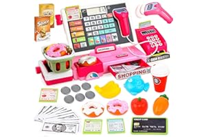 JoyGrow Elektronische Kasse Kinder Rollenspiel Supermarkt Spielzeug Kaufladen Kaufmannsladen Zubehör Registrierkasse Supermarktkasse mit Geld,Lebensmittel, Geschenk für Kinder ab 3 Jahren (Rosa)