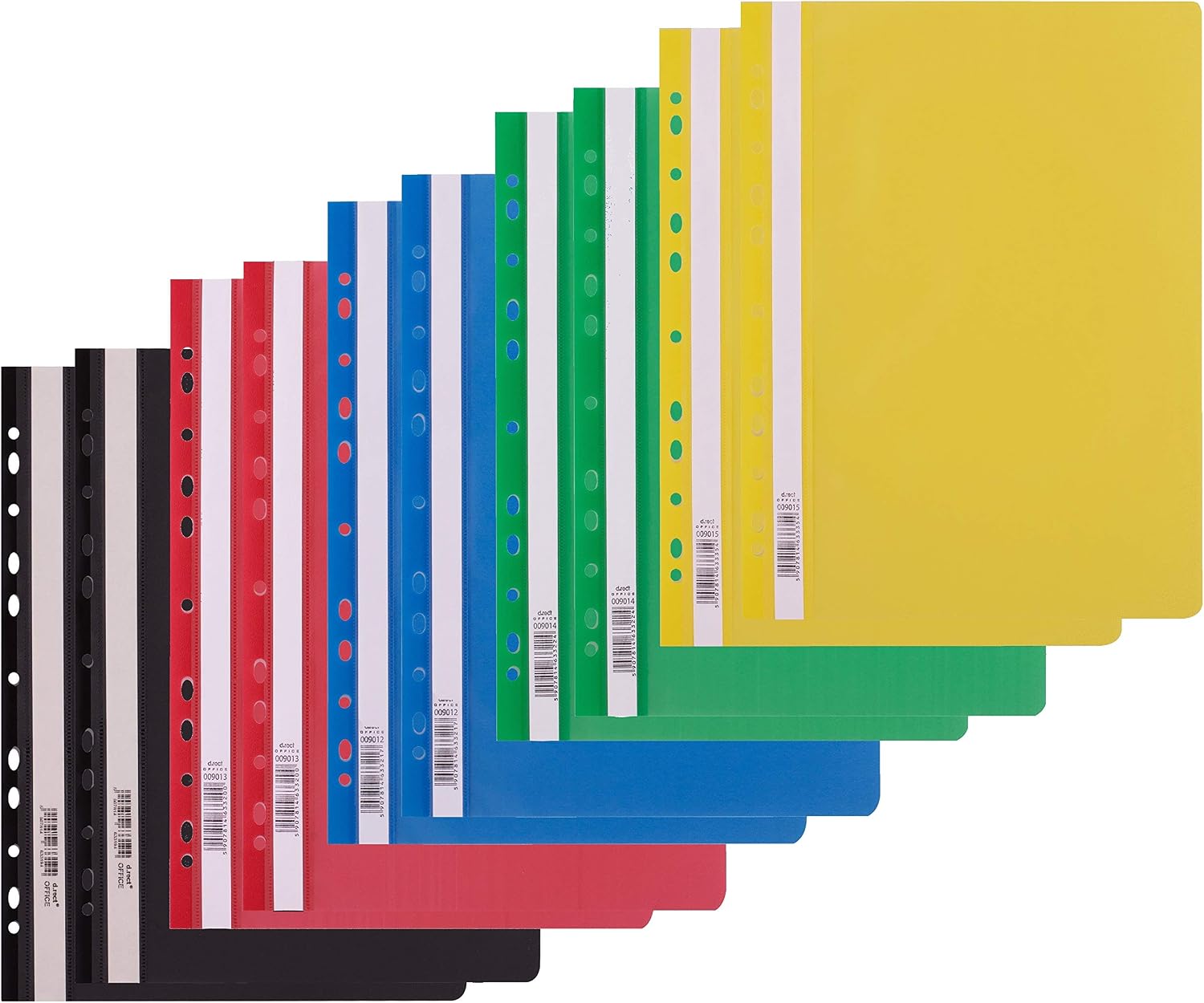 D.RECT Lot de 10 chemises A4 (5 couleurs chacune) – Chemise en carton avec perforation Euro en plastique PP avec couverture avant transparente – Perforé