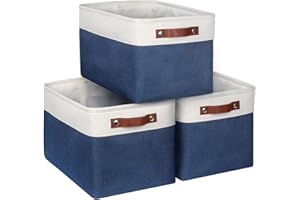 Syeeiex Fabric Storage Basket [3-Pack], Large Baskets with Leather Handles, Storage Boxes for Shelves, Foldable Baskets for Organizing Toys, Clothes, Office (White/Blue)