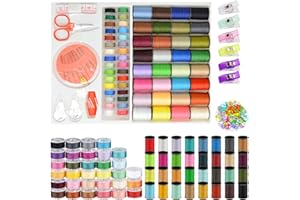 RobLuX Hilos de Coser Set en 64 Colores,Juego de Hilos de Coser con Hebilla de Posicionamiento de 50 Piezas y Clip de Borde de 6 Piezas,Hilos de Coser para Maquina para Principiantes