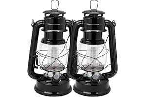YAKii LED Vintage Lantern Metal Hanging Hurricane Lantern 12 LED Dimmer Switch Warm White Battery Operated Lantern Power Outage Indoor Camping Lighting Outdoor Lantern(Black 2 Pack)