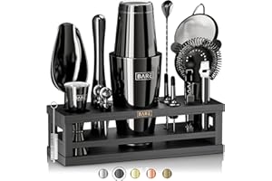 BARE BARREL Kit per la preparazione di cocktail, kit da barista da 16 pezzi, shaker per cocktail, espositore in bambù e 35 biglietti di ricette, set regalo per cocktail mixology (shaker Boston da 800