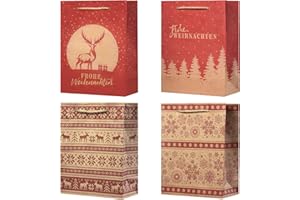 KOHMUI Geschenktüten Weihnachten, 12 Stück Weihnachtstüten mit Tragegriff, Geschenkverpackung Tüten aus Braun Kraftpapier, Rot Weihnachtstaschen zum Verpacken von Geschenken
