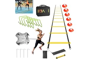 Suusolny Fußball Trainingsset Fussball Trainingszubehör Kinder Fußball Kick Trainer Enthält 6m Koordinationsleiter, 6 verstellbare Hürden, 12 Kegel, Schleppfallschirm & Aufbewahrungstasche