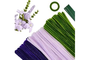 APKOL 300pcs Tiges de Fils Chenille Coloré Cure Pipes Violet foncé + violet clair + vert avec Fil de Fleurs en Ruban Floral Chenille Stems Pipecleaners pour Bouquets de tulipes Projets D'artisanat