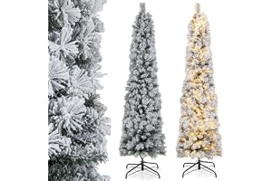 COSTWAY 180 cm blyertspenna, julgran med snö, konstgjord gran med belysning, 150 lysdioder i varm vit, julgran smal med metallstativ, julgran jul PVC