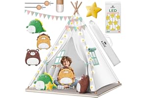 KIDIZ® Tipi Zelt für Kinder Spielzelt 100x100x160cm Kinderzelt aus Baumwolle mit LED-Lichterkette, Leuchtstern, Fahnengirlande, 3 Plüschtiere, Untermatte & Tragetasche Spielhaus für drinnen & draußen
