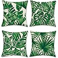Bonhause Tropical Leaves Cushion Covers 45 x 45 cm Green Leaf Decorative Throw Pillow Covers Polyester Linen Pillowcases for Sofa Garden Outdoor Home Decor Set of 4