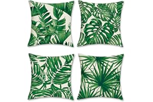 Bonhause Federe per Cuscini Foglie Tropicali 45x45cm Copricuscini Decorativi Foglia di Palma Verde Poliestere Biancheria Federa per Cuscino Divano Letto Casa Decorazione Set di 4