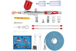 YKALL Kit de Aerógrafo Profesional de Doble Acción con Agujas de 0,2 mm/0,3 mm/0,5 mm, Tazas de 10 cc/20 cc/40 cc, Manguera y Set de Limpieza, Perfecto para Modelismo, Pintura de Coches, Uñas y Manualidades
