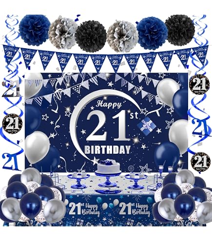 Wonsta 21. Geburtstag Dekoration Set – Marineblau & Gold, Inkl. Ballons, Banner, Wimpelkette Für Herren-Party